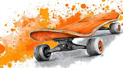 Skateboard Illustration in Orange Hues with Paint Splatter on White Backdrop