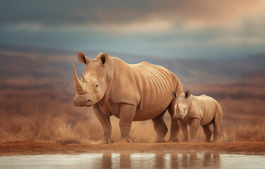 Obraz premium Photograph of a rhinoceros and its calf at the watering hole in Kruger,