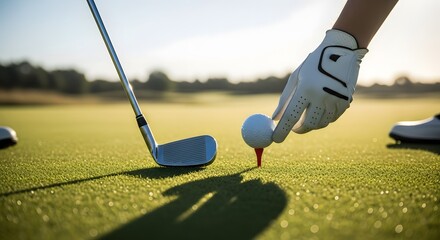 Golf ball placed on tee by gloved hand with club on green course