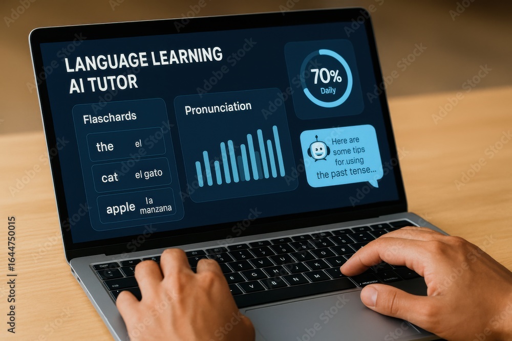 Poster language learning ai tutor dashboard with flashcards, pronunciation graph, and daily progress