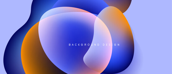 Abstract fluid shapes overlap, creating vibrant gradients. Blue, orange hues dominate design. Soft lighting enhances visual appeal.