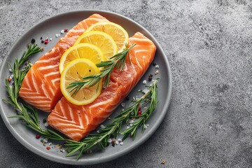 Two salmon fillets, adorned with lemon slices and sprigs of rosemary, on a gray plate, resting on a speckled gray surface