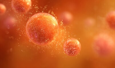 Microscopic orange cells with glowing particles on a vibrant gradient background