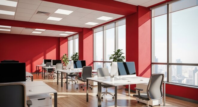 Bright modern office with red walls, desks, and large windows showing city