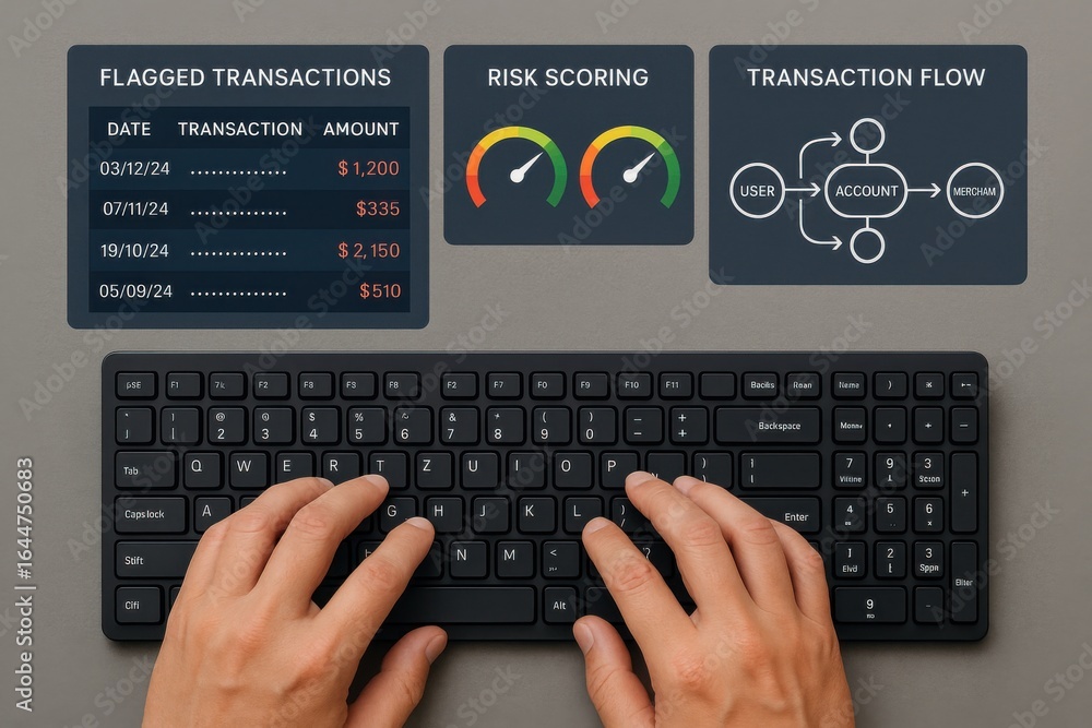 Poster financial fraud detection interface with flagged transactions and risk level indicators