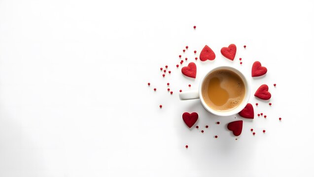 Coffee Cup Surrounded by Red Hearts and Sprinkles on a Clean White Background Perfect for Valentines Day