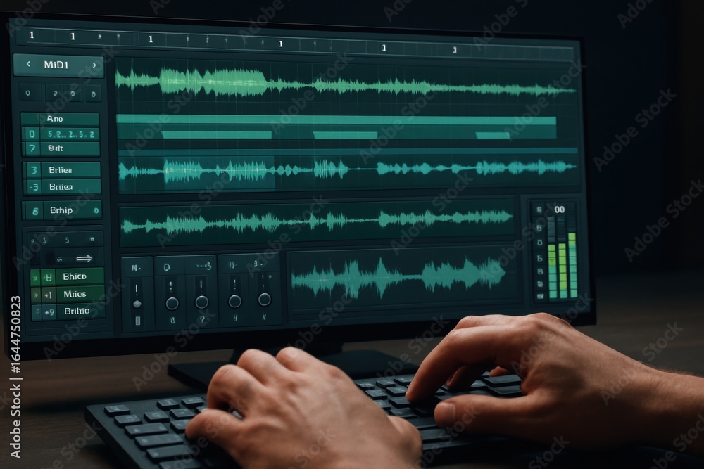 Poster hands using audio editing software on desktop with waveform tracks and sound levels