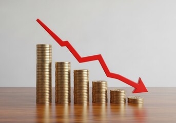 Visual representation of declining financial performance, illustrating a decrease in economic value with stacks of coins and a downward-sloping red arrow on a wooden surface