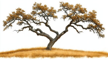 Solitary Cork Tree with Golden Autumn Leaves on Grassy Knoll in White Background