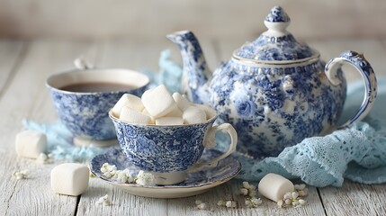 A charming arrangement of vintage teacups and a teapot with marshmallows.