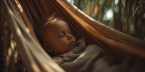 Sleeping baby in hammock with soft blanket under trees in warm light