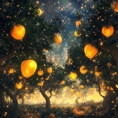 Celestial Orchard A surreal orchard of luminescent floating fruit under a starlit sky enchanting and bountiful