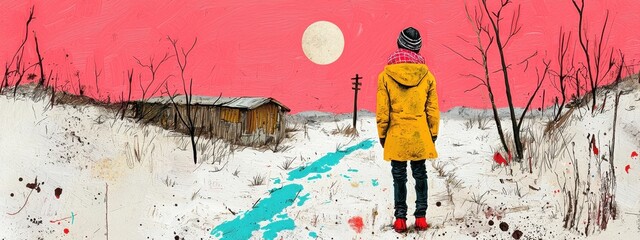 Solitary Figure in Yellow Winter Coat Snowy Landscape Pink Sky Turquoise Stream
