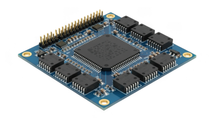 Closeup view of a complex electronic circuit board with a central processor and multiple integrated circuits, isolated on transparent background