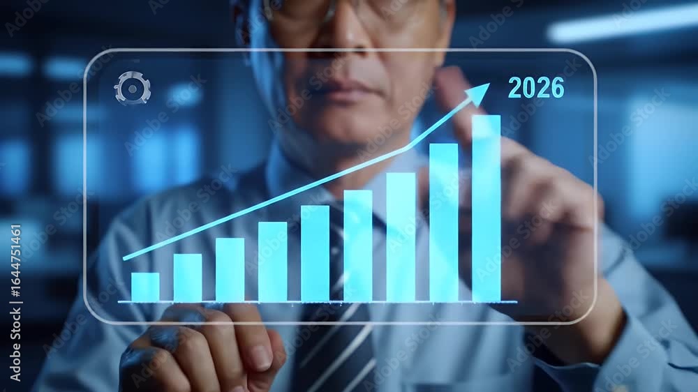 Poster asian businessman interacting with holographic ascending bar graph representing growth on transparen