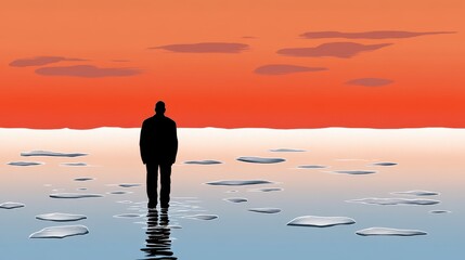 Solitary Figure on Frozen Sea at Sunset