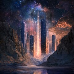 Celestial Cascade IX A magnificent cascade of starlight pouring over surreal floating monoliths grand and radiant