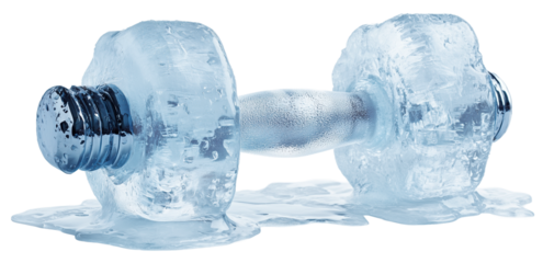 Dumbbell made of ice cubes is melting slowly, creating unique and refreshing visual. icy texture and water droplets emphasize concept of coolness and impermanence., isolated