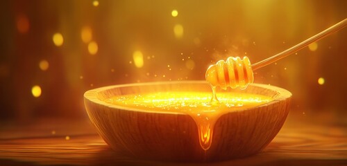 Golden Honey Delight: A Visually Stunning Image of Honey Dripping into a Wooden Bowl