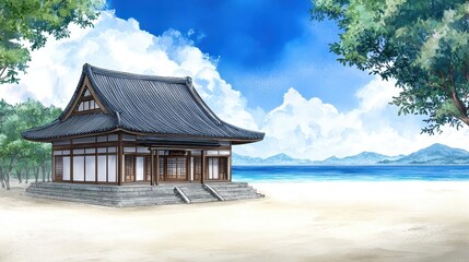 Traditional House on Sandy Beach Coastal Scene
