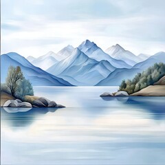 Tranquil Blue Mountain Lake Landscape Painting