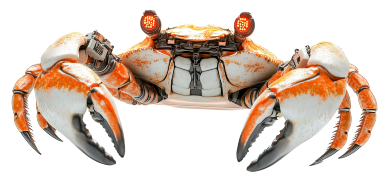 Futuristic crab with mechanical claws and LED eyes showcases blend of nature and technology, featuring orange and white shell with intricate robotic details., isolated