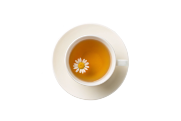 Classic white tea cup and saucer with golden chamomile tea and single daisy flower, isolated on a transparent background