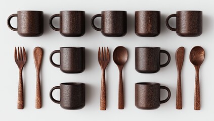 Flatlay of ten dark brown mugs and six wooden spoon-fork sets arranged in neat rows on a white background