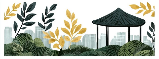Tranquil Gazebo and Cityscape Illustration with Gold and Green Foliage