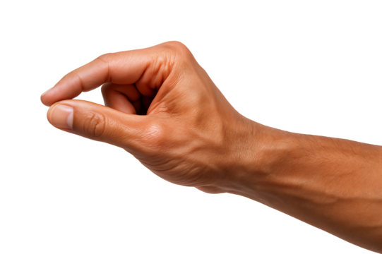 A close-up shot of a male hand gesturing a tiny size indication.