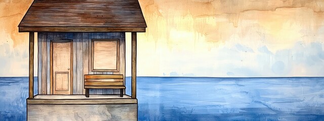 Tranquil Seaside Structure Watercolor Painting at Sunset