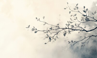 Painting of light reflection on a wall with a branch. Watercolor pastel colors create an aesthetic minimalist background with neutral tones, offering an elegant and simple backdrop, Generative AI