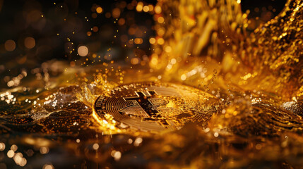 Dynamic close up of amber liquid splashing and creating ripples with light reflections
