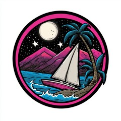 Tropical Night Seascape Sailboat at Anchor under Full Moon
