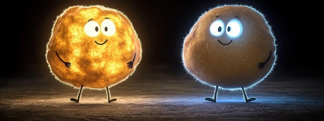 Two Glowing Cartoon Spheres on Dark Background