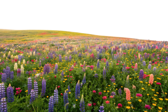 Rolling hillside covered in diverse wildflowers including lupines and poppies in purple pink yellow hues, isolated on a transparent background - Powered by Adobe