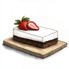 Two Layered Chocolate Cake with Strawberries on Wooden Board