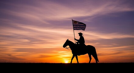 Silhouette of horseman with Uruguayan flag at sunset