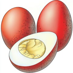 Two Red Eggs and Halved Egg with Yellow Yolk Close up