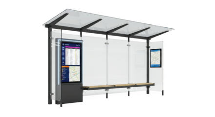 Modern 3D Bus Shelter with Digital Displays, Transparent Background, PNG
