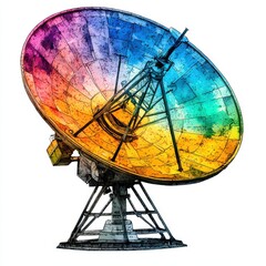 Vibrant Watercolor Satellite Dish Illustration on White Background Angled Towards Space