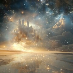 Celestial Mirage IV An illusionary palace of stardust and surreal light appearing on the horizon ethereal and fleeting