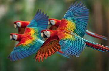 A pair of macaw parrots flying in the air, with vibrant red and yellow feathers