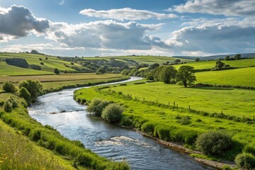 A river runs through a lush green field