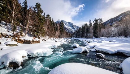 Winter landscape with a mountain river flowing through a snowy forest scene