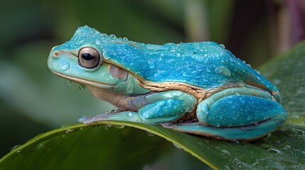 Close-up of a vibrant blue frog resting on a leaf.