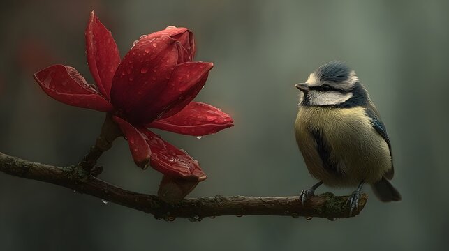 A tiny blue tit perches beside a vibrant red magnolia flower.