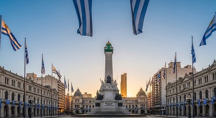 Sunrise over Plaza Independencia in Montevideo, with the Artigas Mausoleum and many Uruguayan flags.