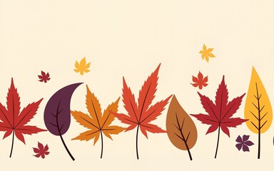 Vector horizontal seamless border with red, orange, yellow, purple and brown autumn leaves. High quality