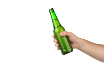 Single hand holding green glass beer bottle with silver cap in casual drinking position, isolated on a transparent background